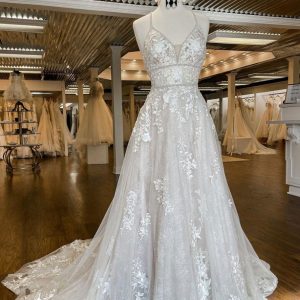 Unique v neck tulle lace long prom dress, lace wedding dress