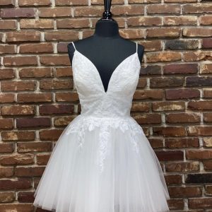 White v neck tulle lace short prom dress, white homecoming dress